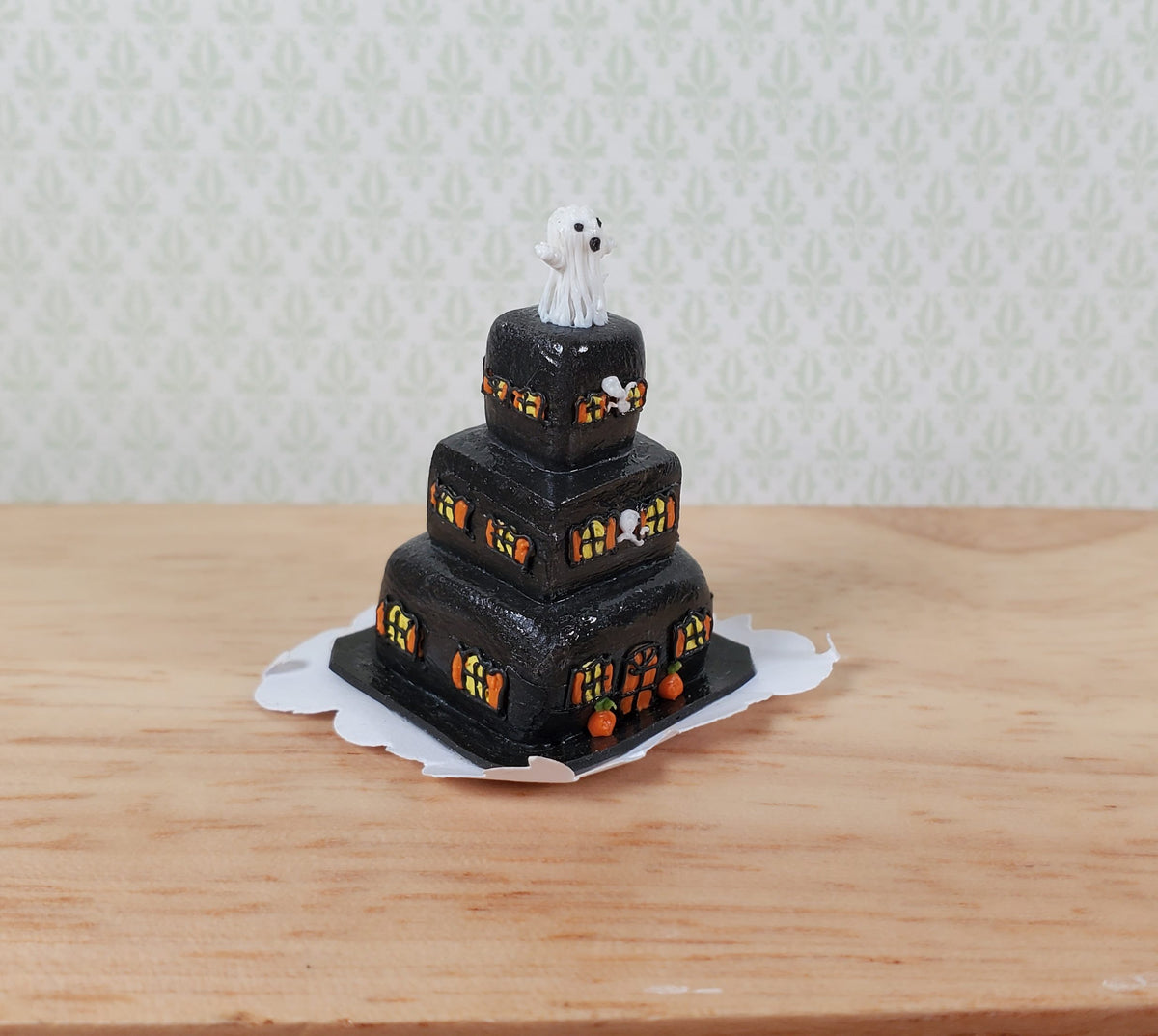 Dollhouse Halloween Mansion with Ghost 3 Tier Cake 1:12 Scale Miniature Dessert