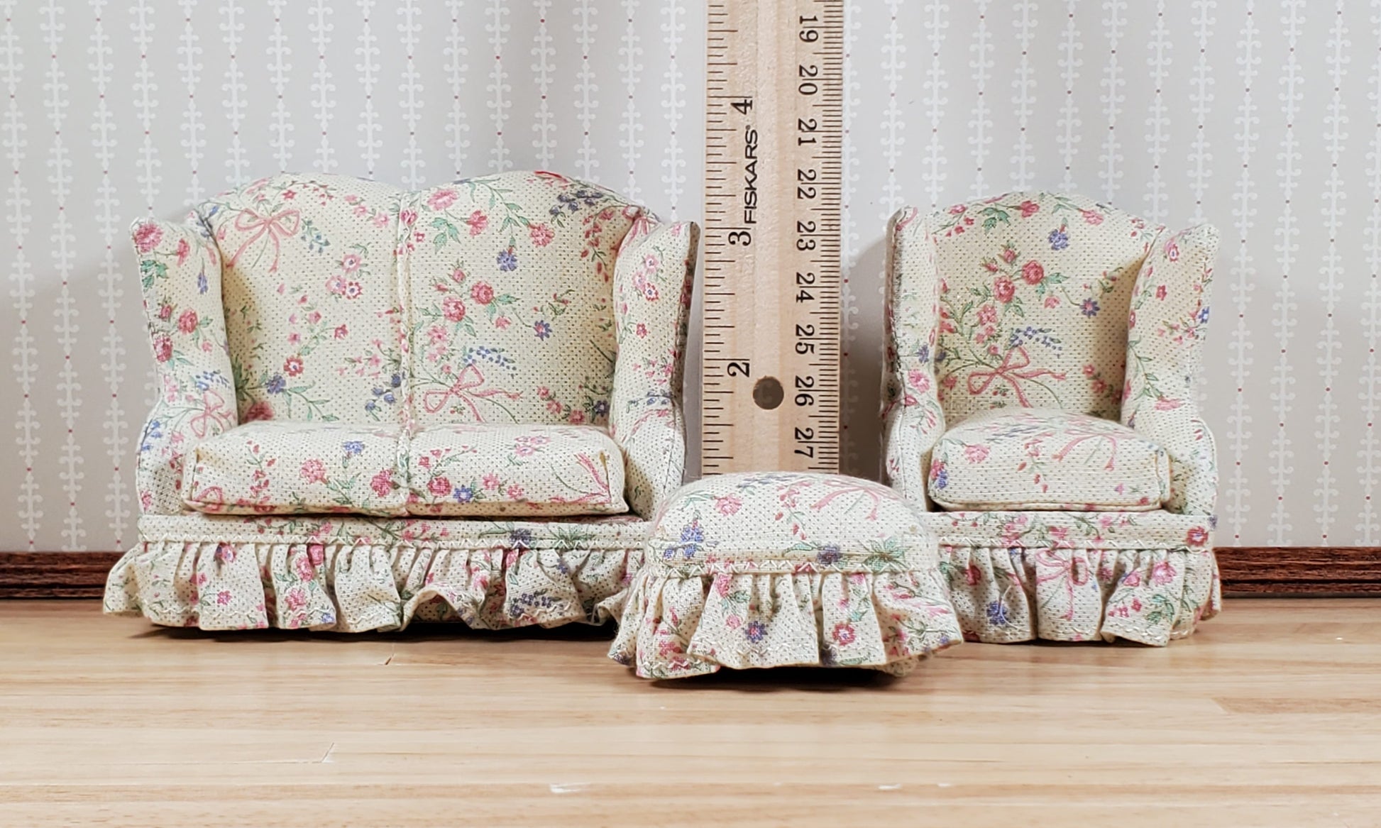 Dollhouse Small Sofa Chair Ottoman Pink Floral Ribbon 1:12 Scale Miniature Furniture