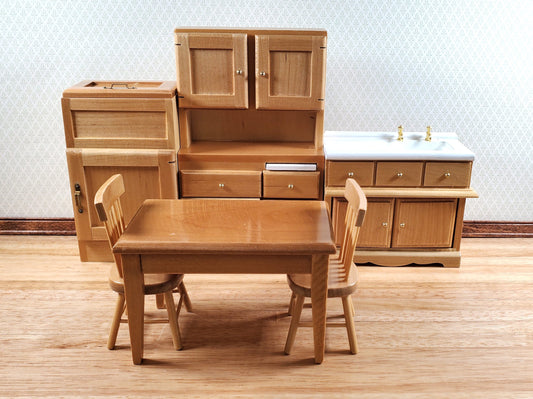 Dollhouse Kitchen Set Sink Fridge Table 1:12 Scale Furniture Light Oak Finish