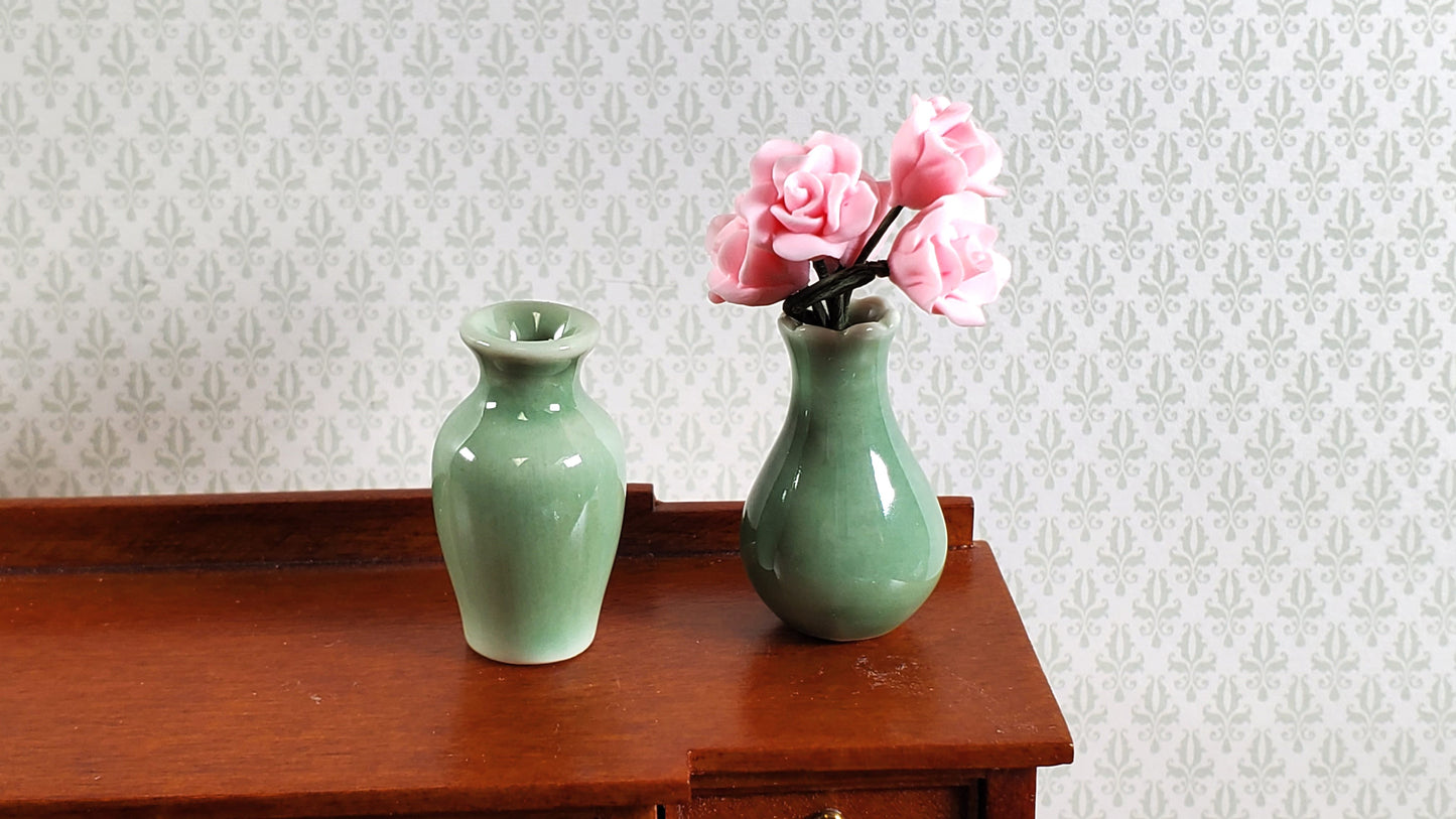 Dollhouse Flower Vases Sage Green Ceramic Set of 2 Modern 1:12 Scale Miniatures
