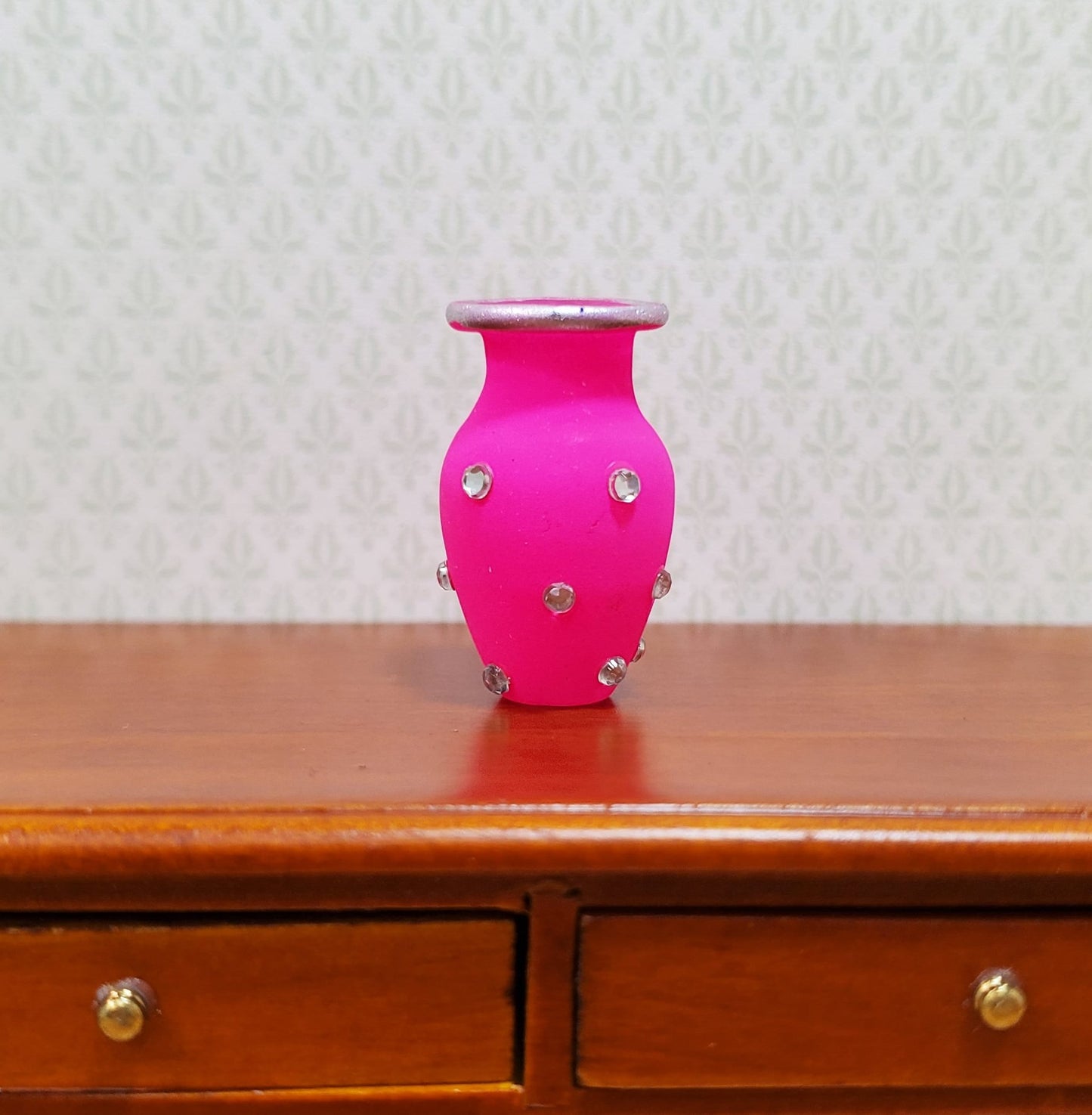 Dollhouse Jeweled Vase Hot Pink & Silver 1:12 Scale Miniature Decor Accessories