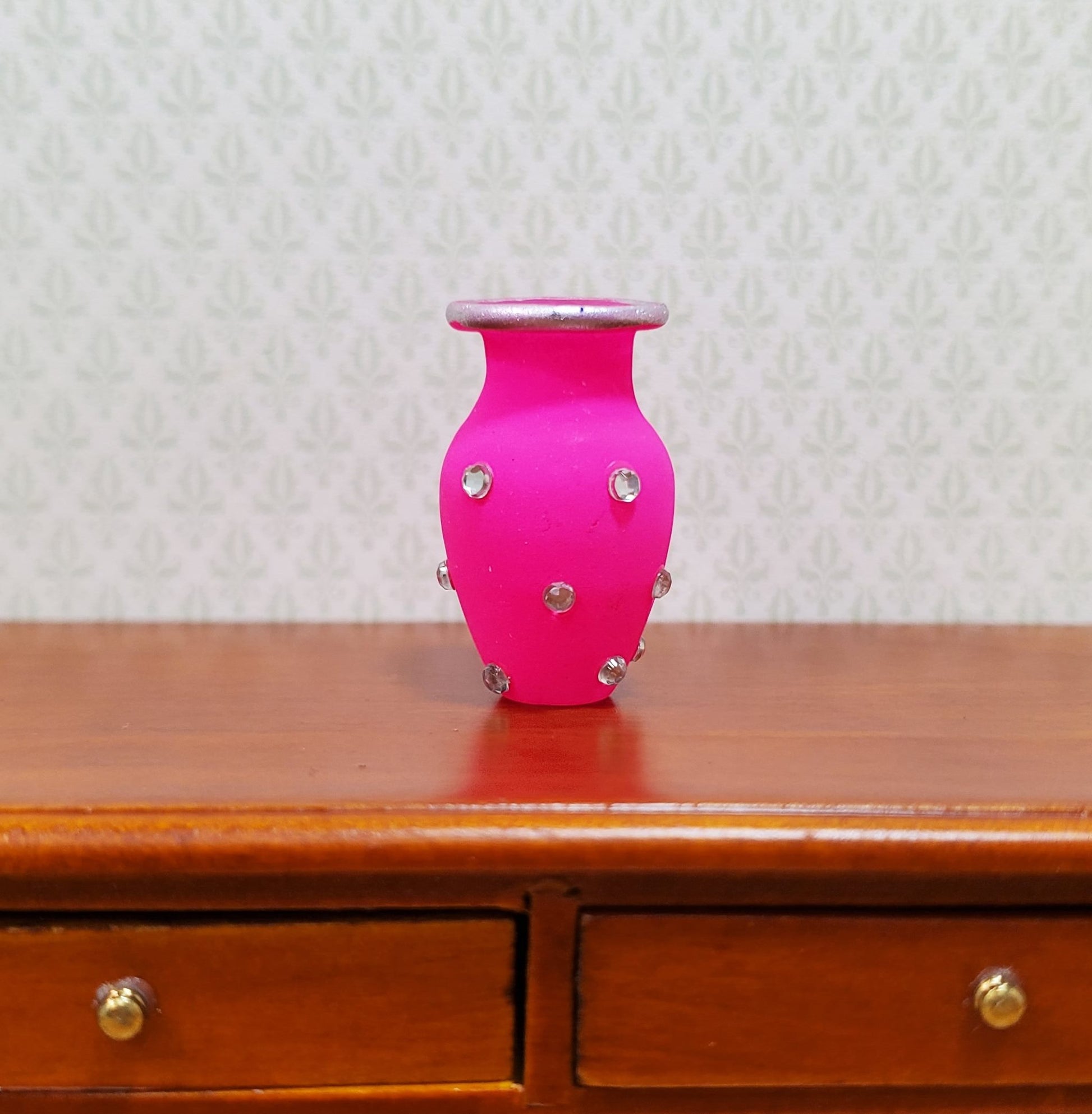 Dollhouse Jeweled Vase Hot Pink & Silver 1:12 Scale Miniature Decor Accessories