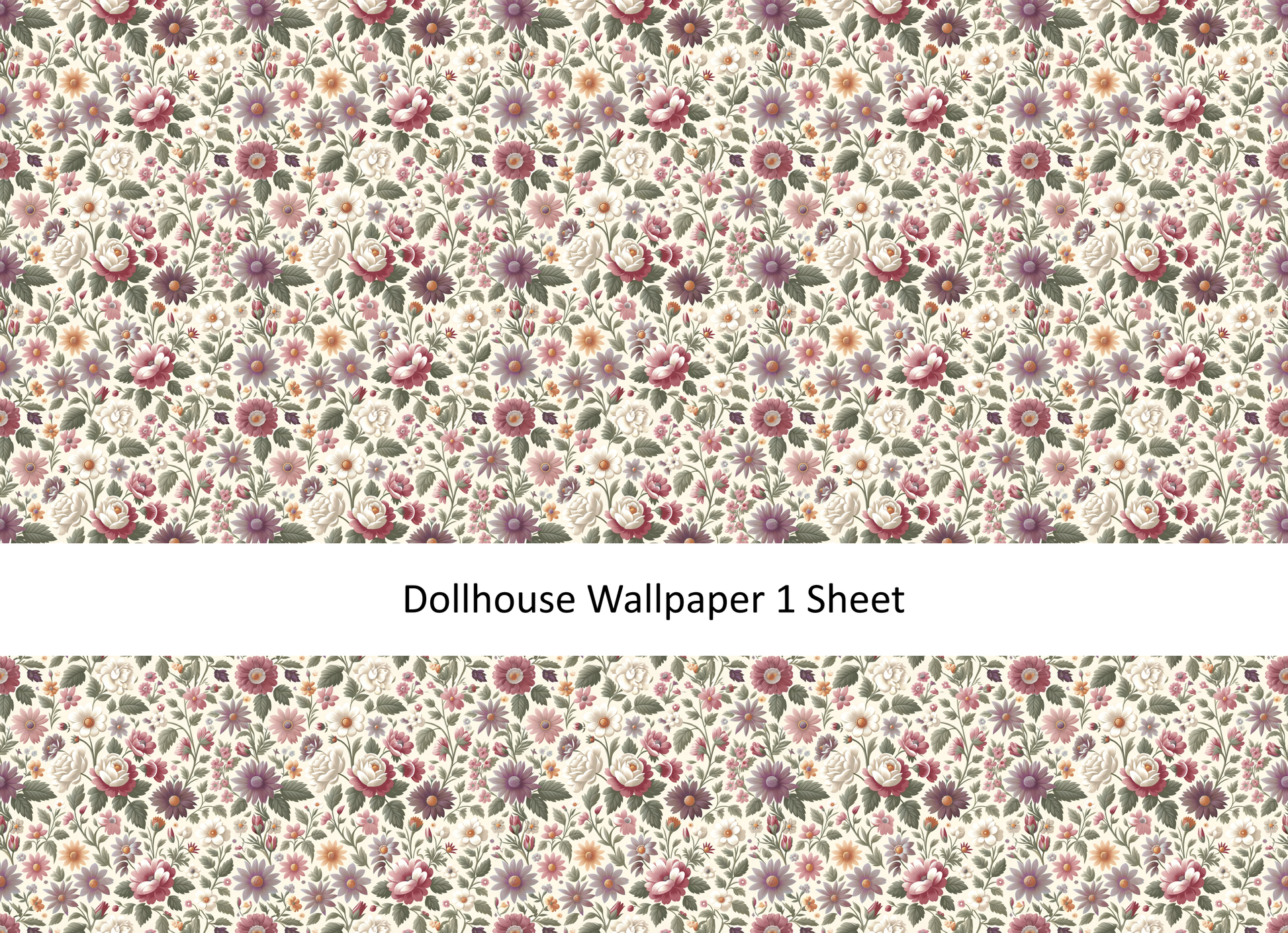 Dollhouse Wallpaper Flower Garden Pink Purple Cream 1:12 Scale MiniatureCrush
