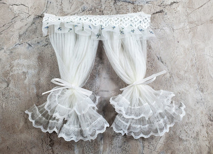 Dollhouse Lace Curtains Cream with Blue Floral Valance 1:12 Scale 5" W x 6" L