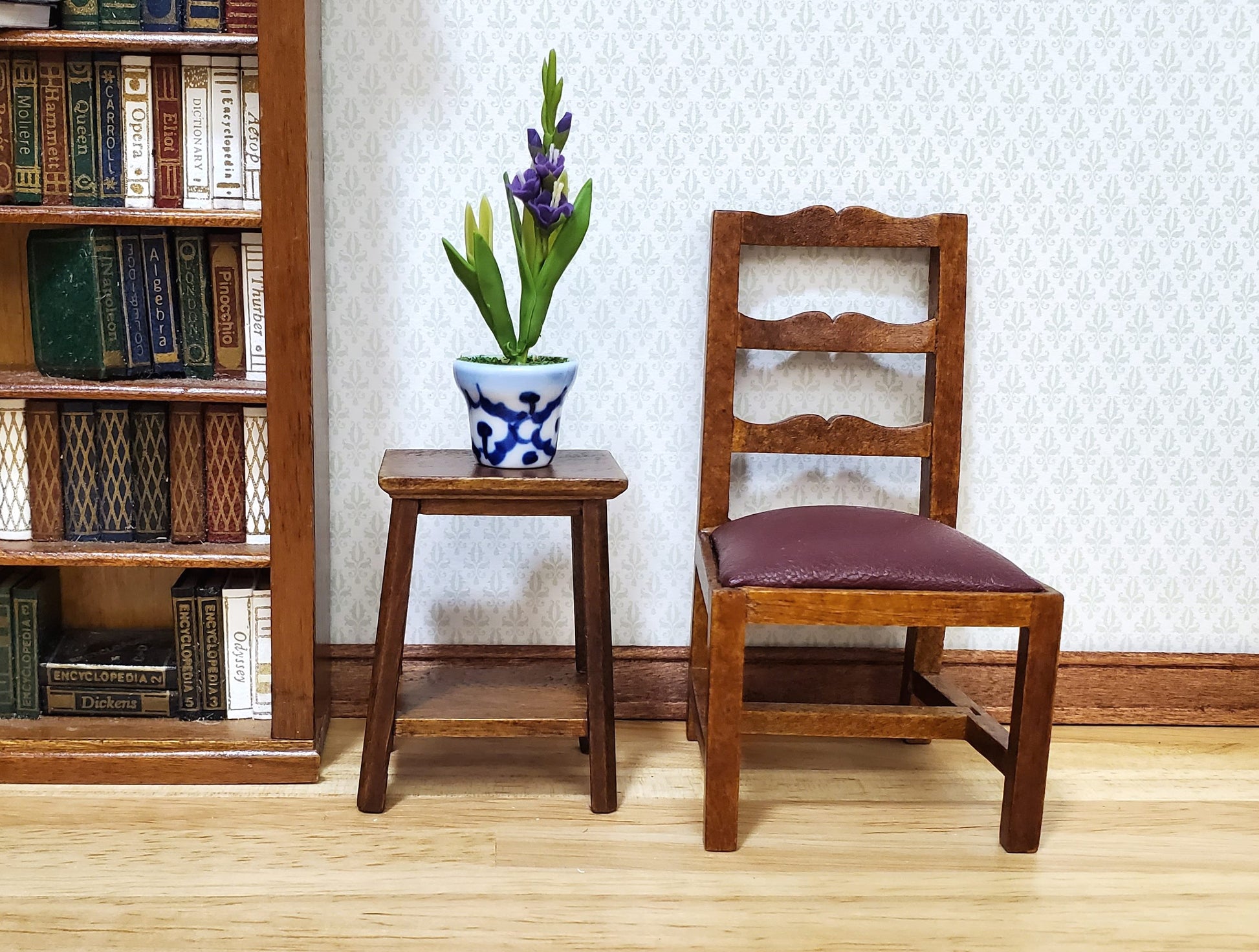 Dollhouse Purple Gladiolas in Blue & White Ceramic Pot 1:12 Scale Miniature