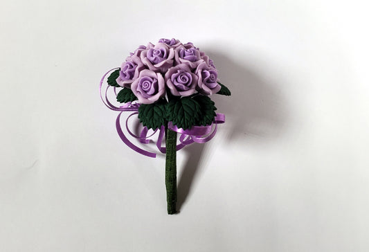 Dollhouse Purple Roses Bridal Bouquet with Purple Ribbons 1:12 Scale Miniature