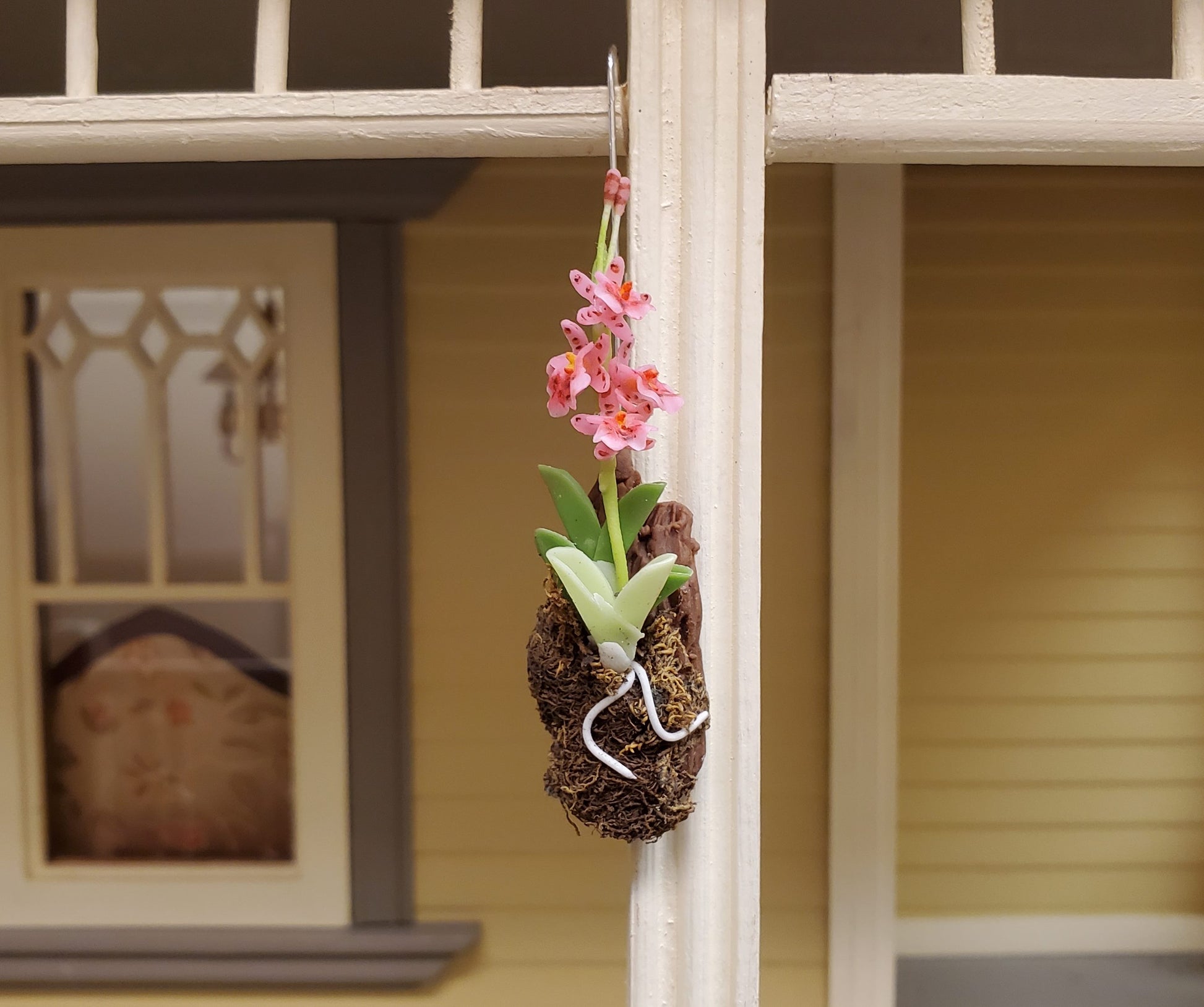 Dollhouse Hanging Orchid on Bark with Moss Pink Flowering Plant 1:12 Scale