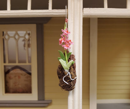 Dollhouse Hanging Orchid on Bark with Moss Pink Flowering Plant 1:12 Scale