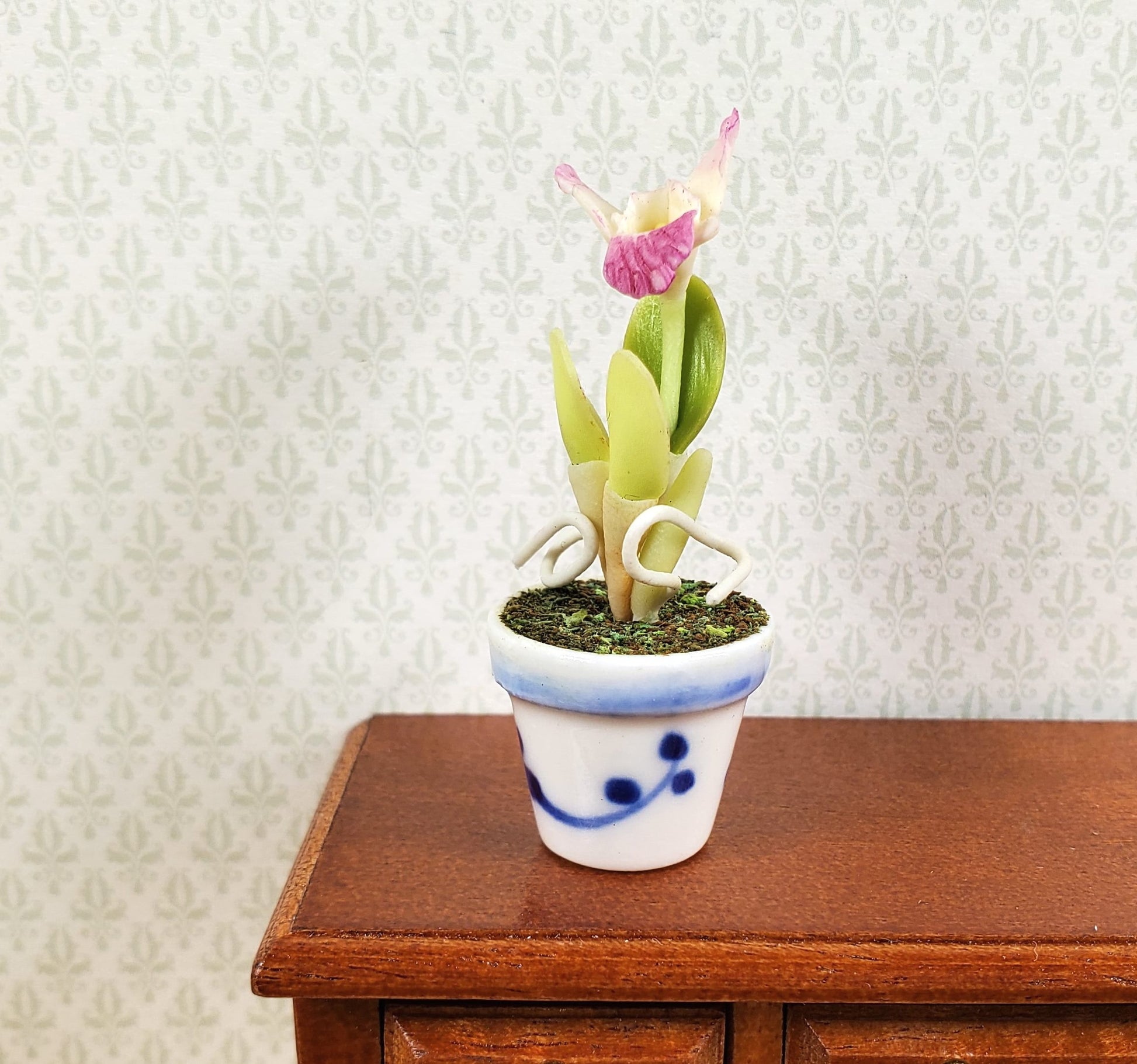 Dollhouse Pink and White Orchid in a Blue & White Ceramic Pot 1:12 Scale