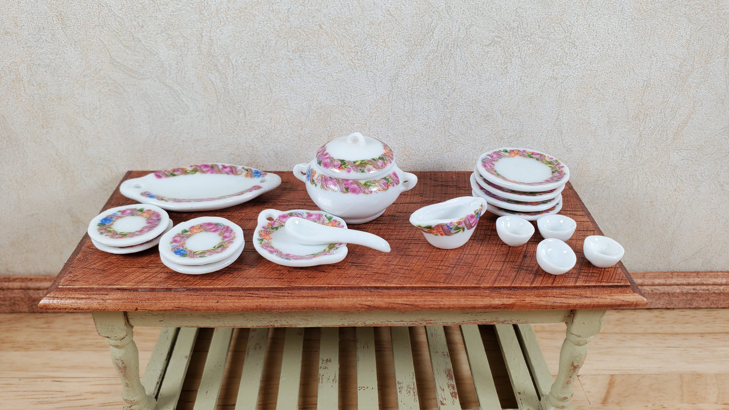 Dollhouse Dinner Set Plates Tureen Ceramic Floral Wreath 1:12 Scale Miniature