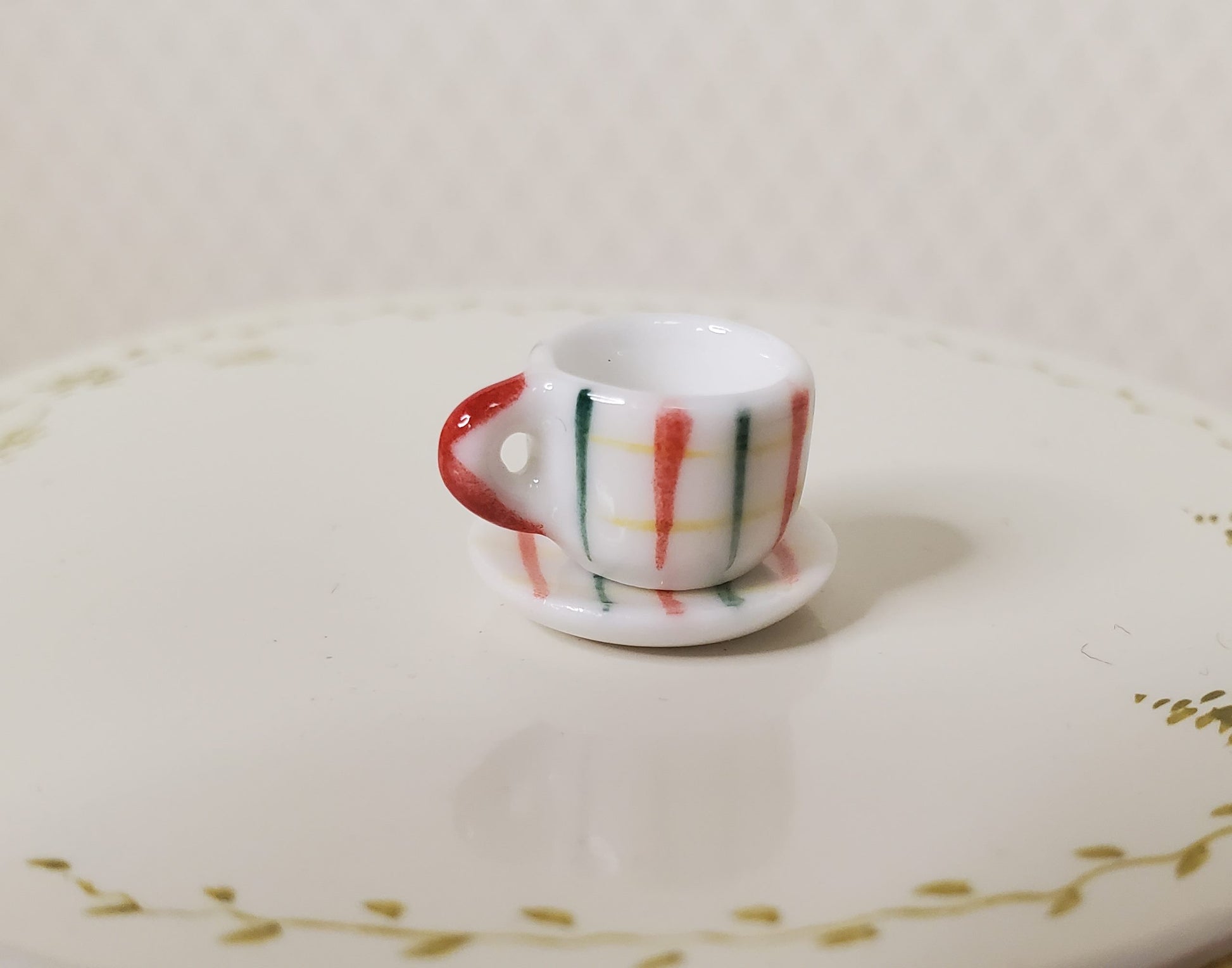 Dollhouse Ceramic Coffee Cup Green Red Stripes Motif 1:12 Scale Miniature