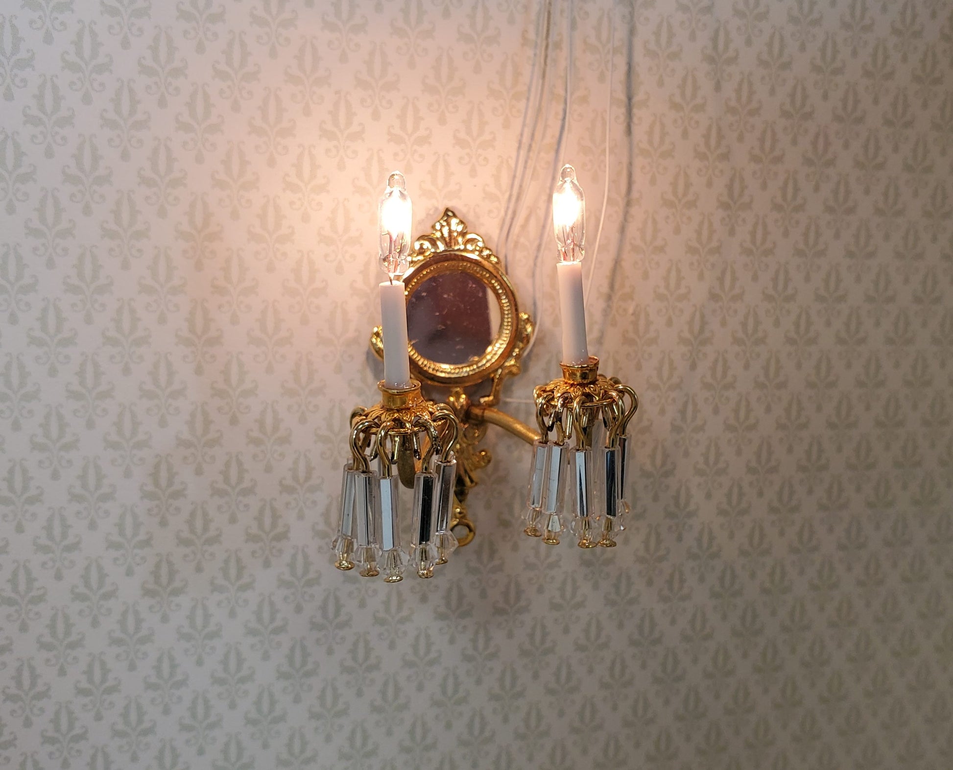 Dollhouse Double Crystal Candle Sconce 12 Volt 1:12 Scale Miniature Handmade