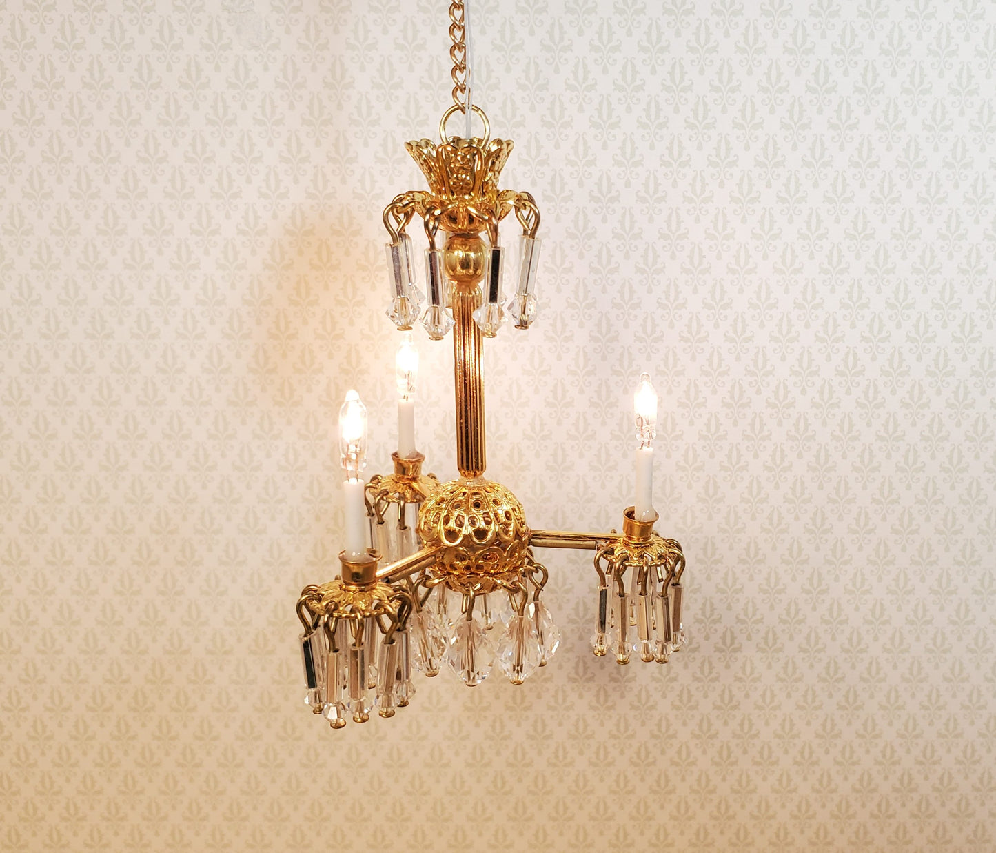 Dollhouse 3 Arm Crystal Chandelier "Jersey Lily" Handmade 12 Volt 1:12 Scale