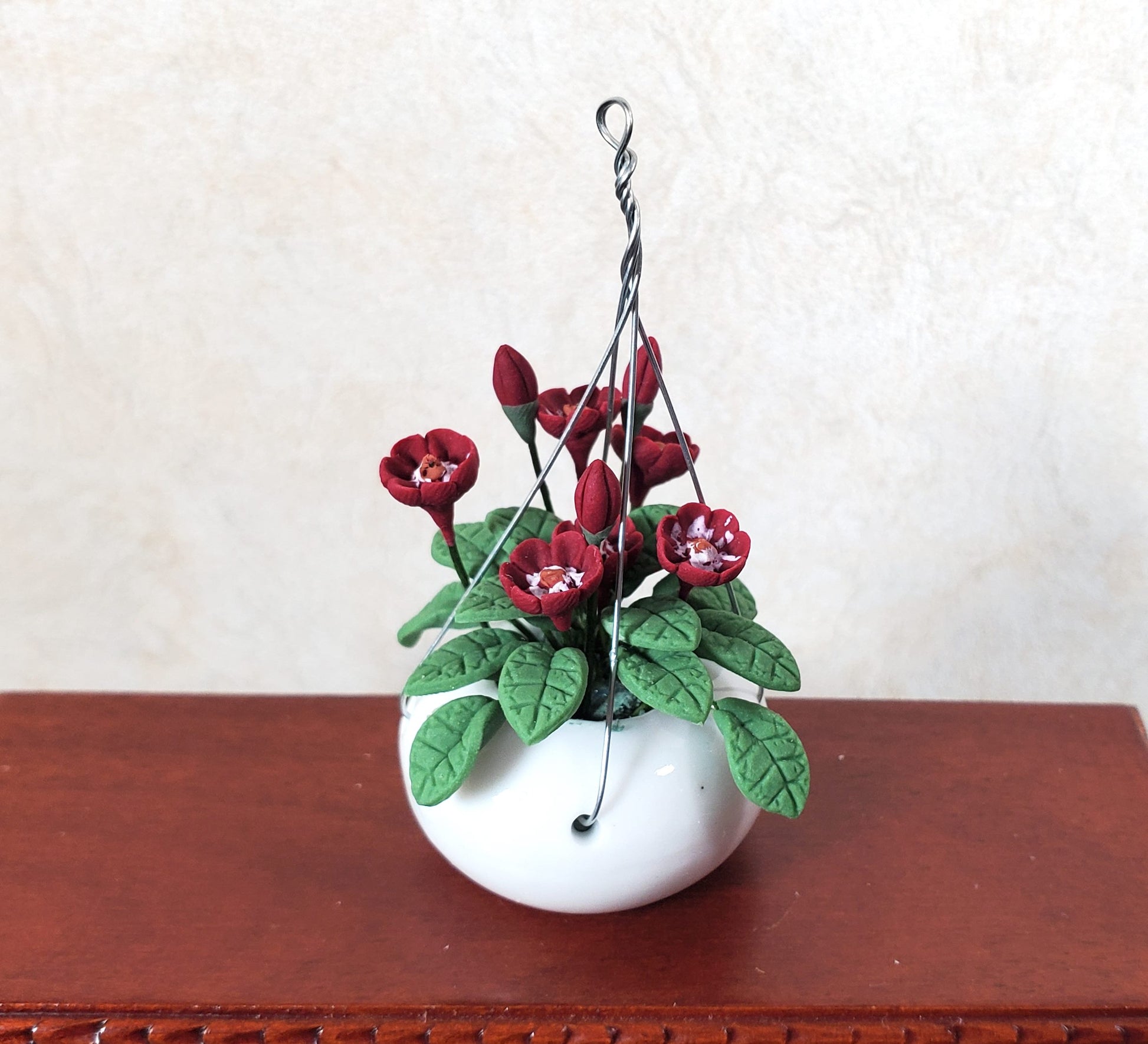 Dollhouse Hanging Basket of Red Flowers White Ceramic Pot 1:12 Scale Miniature