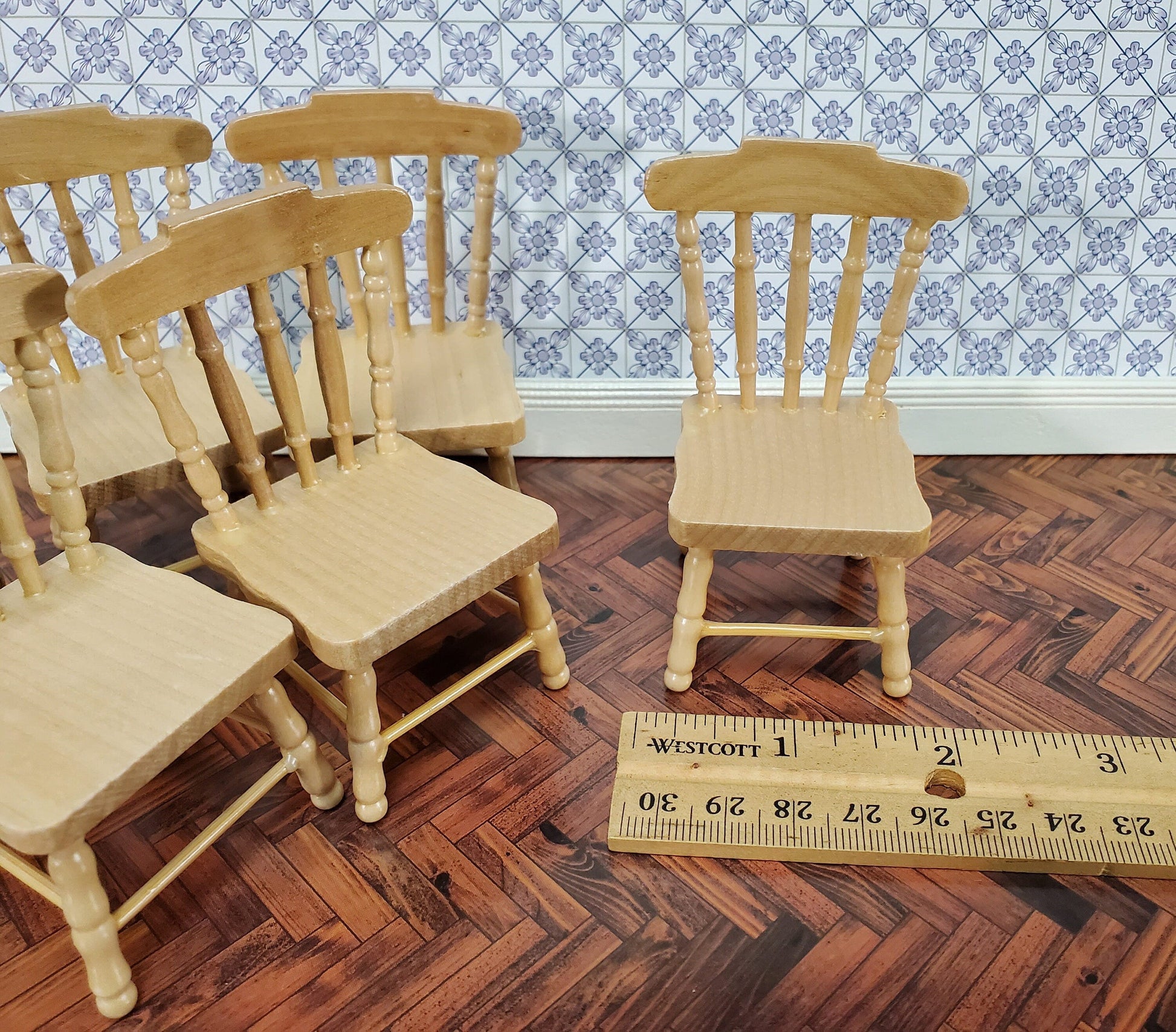 Dollhouse Kitchen Chairs Spindle Back Set of 6 Light Oak 1:12 Scale Miniature Furniture