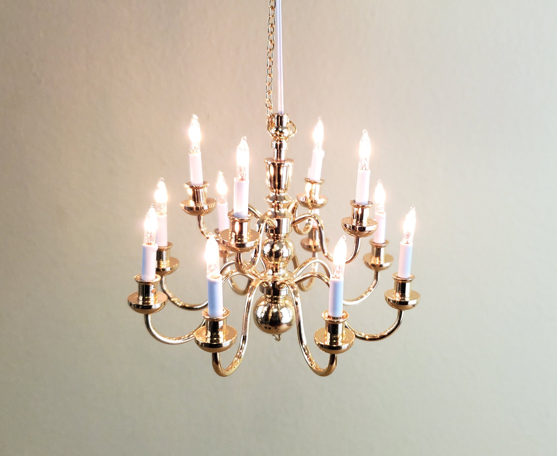 Dollhouse Miniature Hanging Chandelier Large 12 Arm Candle 12 Volt Electric GOLD 1:12 or 1/6 Scale