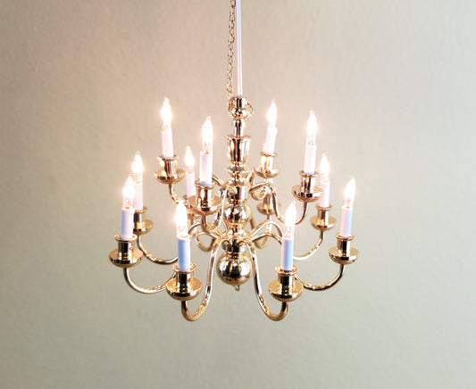 Dollhouse Miniature Hanging Chandelier Large 12 Arm Candle 12 Volt Electric GOLD 1:12 or 1/6 Scale