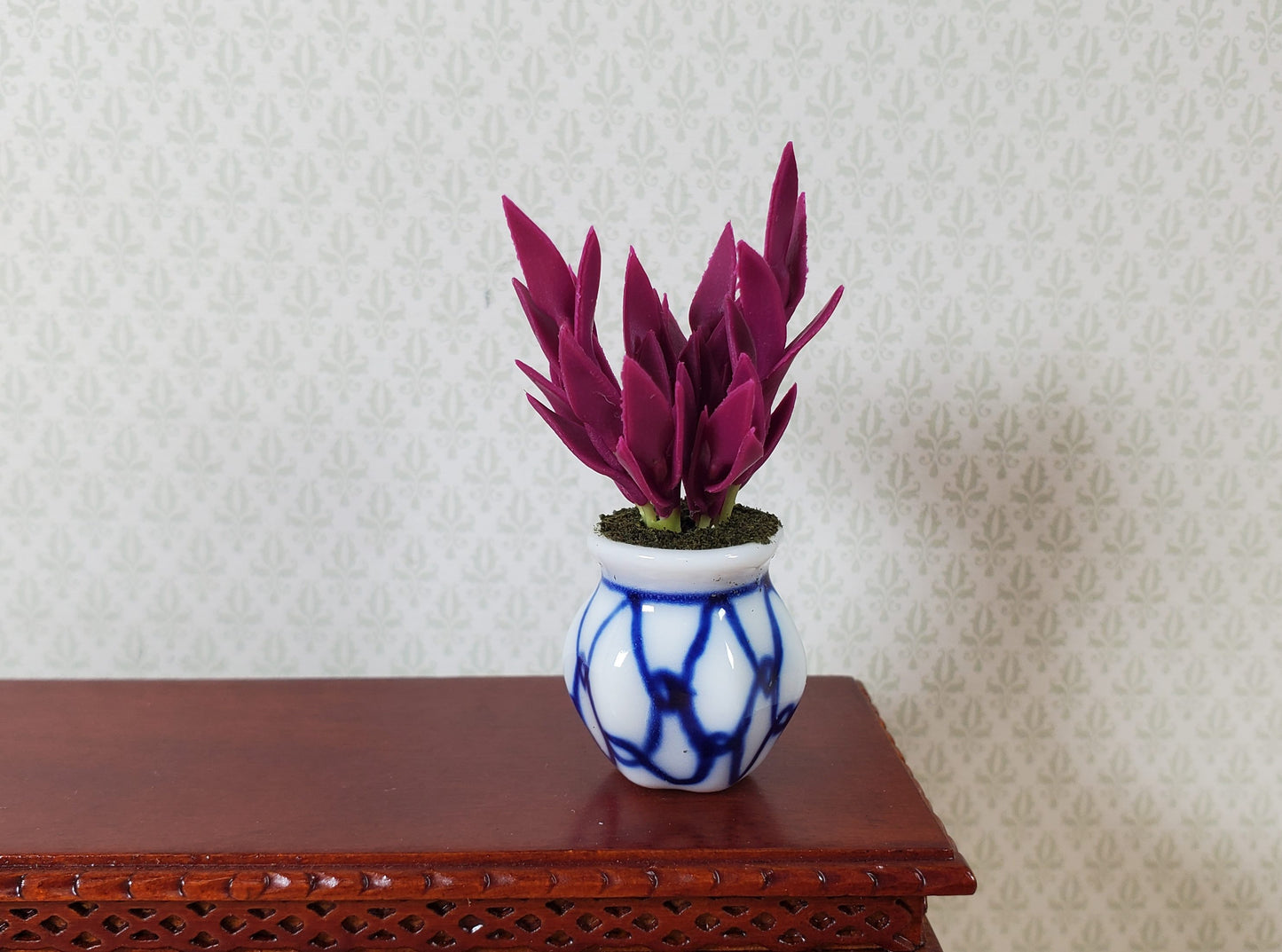 Dollhouse Purple Houseplant in Blue and White Ceramic Pot 1:12 Scale Miniature