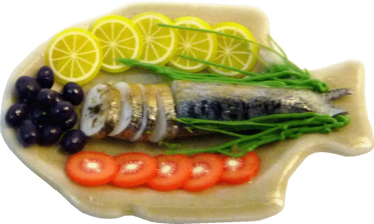 Dollhouse Sliced Fish with Garnish on a Fish Plate 1:12 Scale Miniature Food