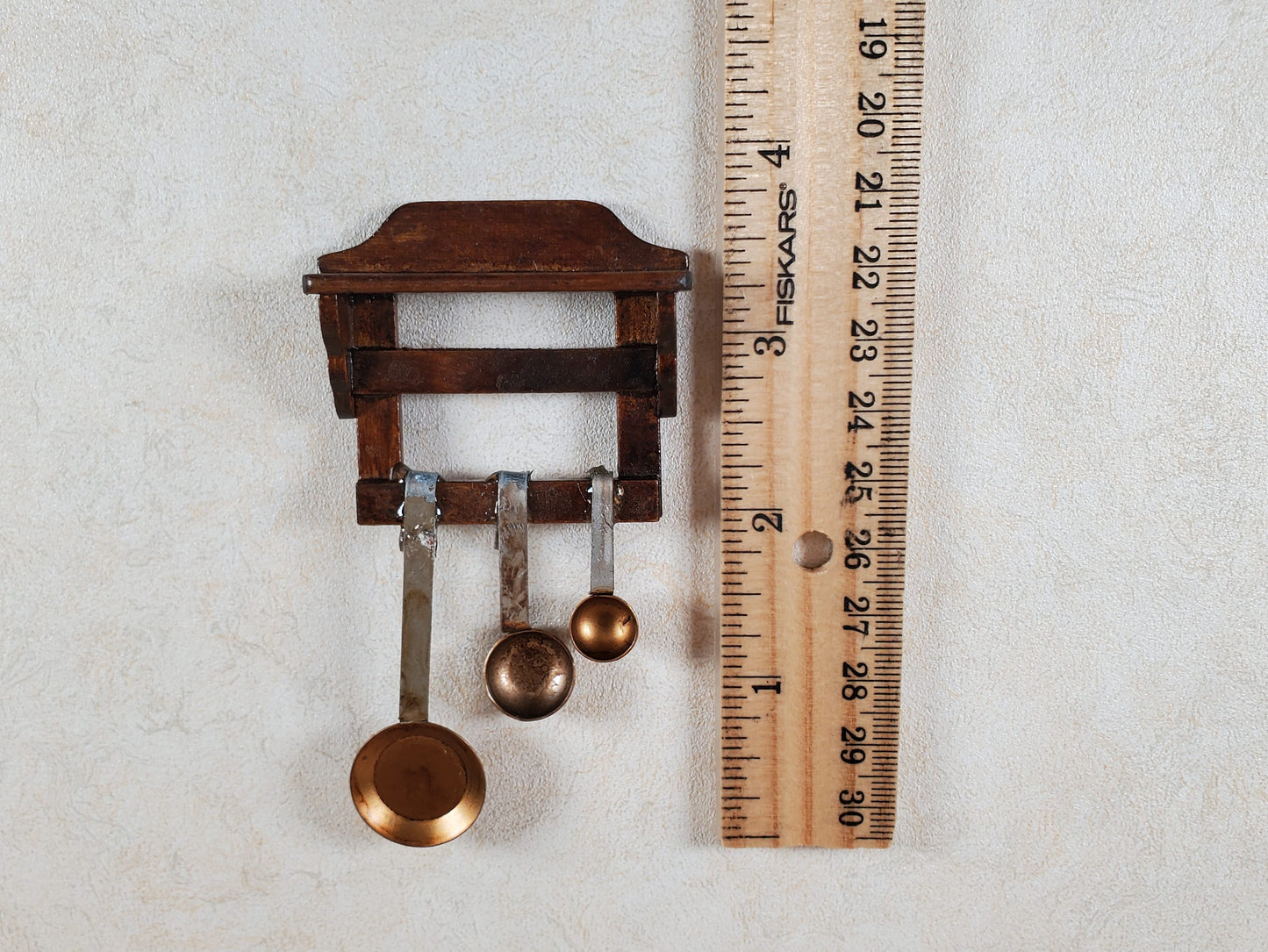 Dollhouse Primitive Pans Scoops Ladles on Wood Shelf 1:12 Scale Miniature Set