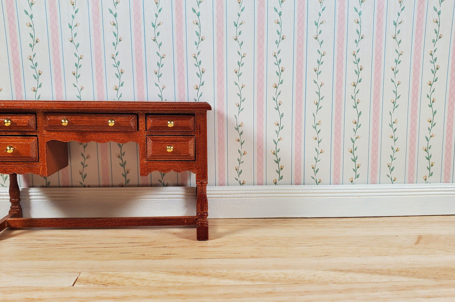 Dollhouse Wallpaper Pink Strip Floral Vine 3 Sheets 1:12 Scale Cream Pink Green