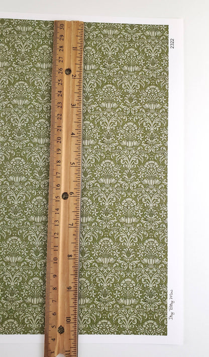 Dollhouse Wallpaper Damask Olive Green Victorian 1:12 Scale Itsy Bitsy Miniatures