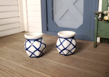 Dollhouse Ceramic Planter Blue & White Set of 2 Cross Hatch 1:12 Scale Miniature