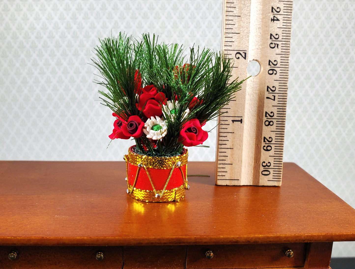 Dollhouse Red Roses & White Flowers in a Red Drum Vase 1:12 Scale Miniature
