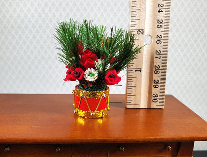 Dollhouse Red Roses & White Flowers in a Red Drum Vase 1:12 Scale Miniature