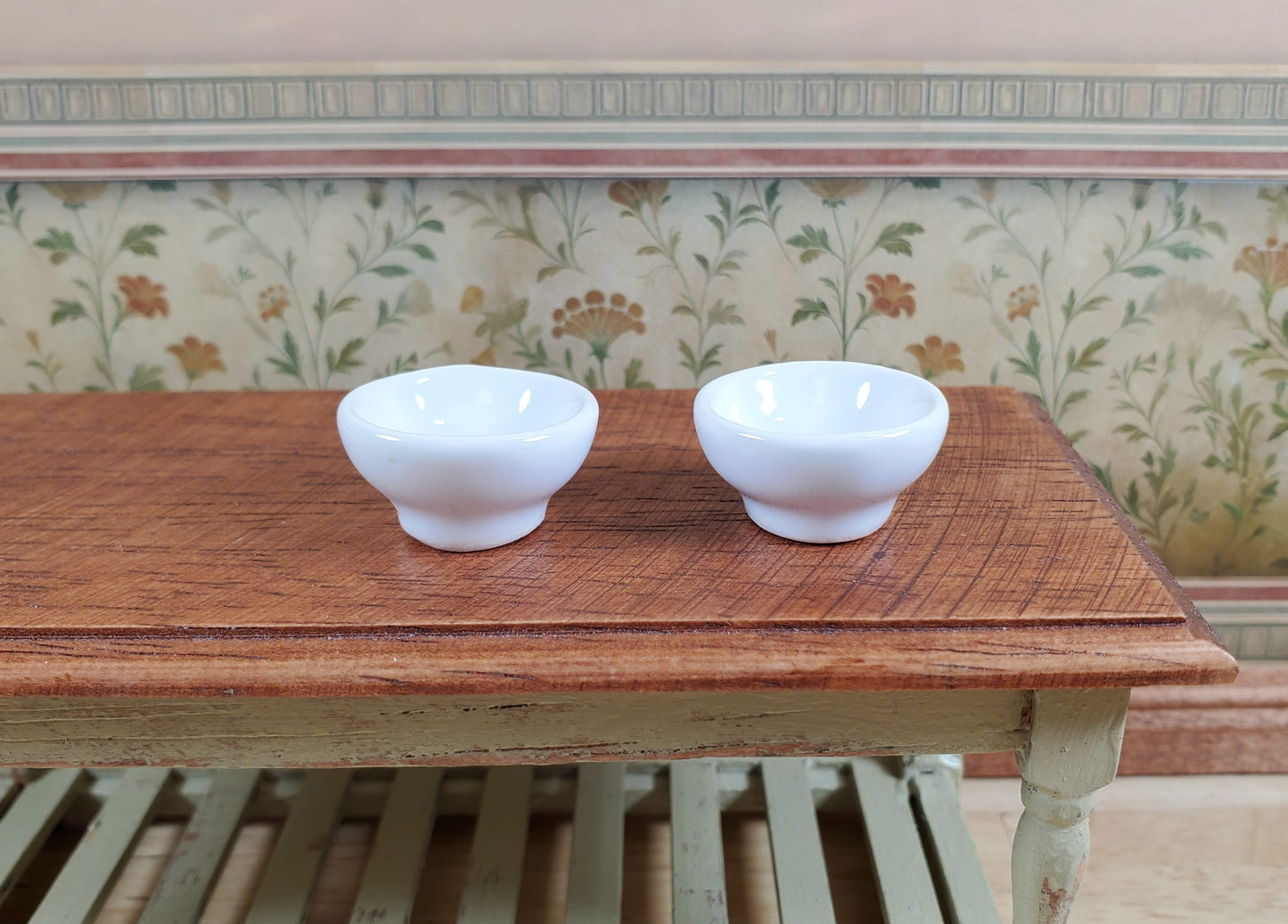 Dollhouse White Footed Ceramic Bowl Set of 2 1:12 Scale Miniature