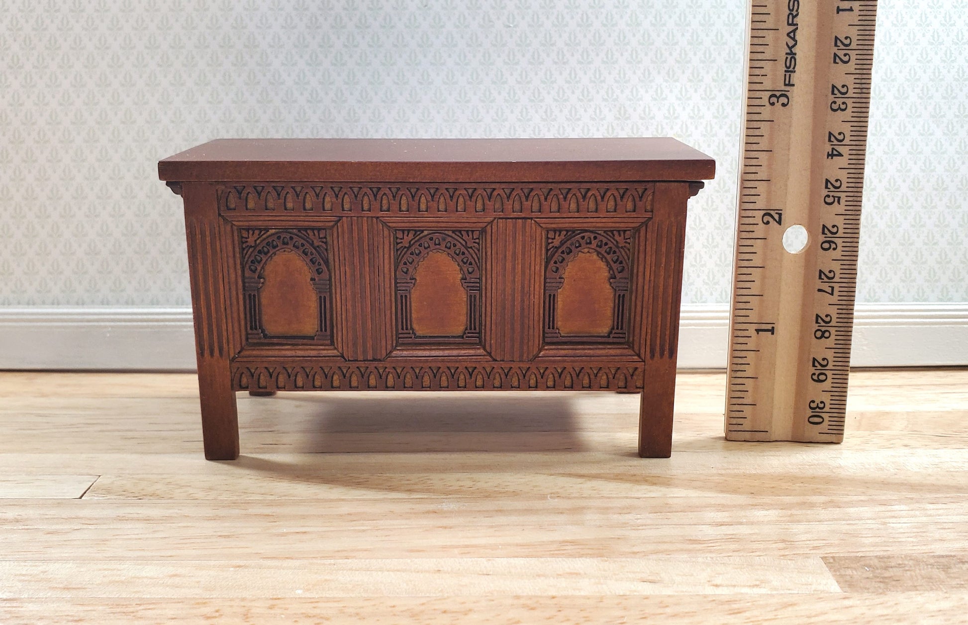 JBM Dollhouse Trunk Chest Tudor Gothic Style Walnut Finish 1:12 Scale Miniature