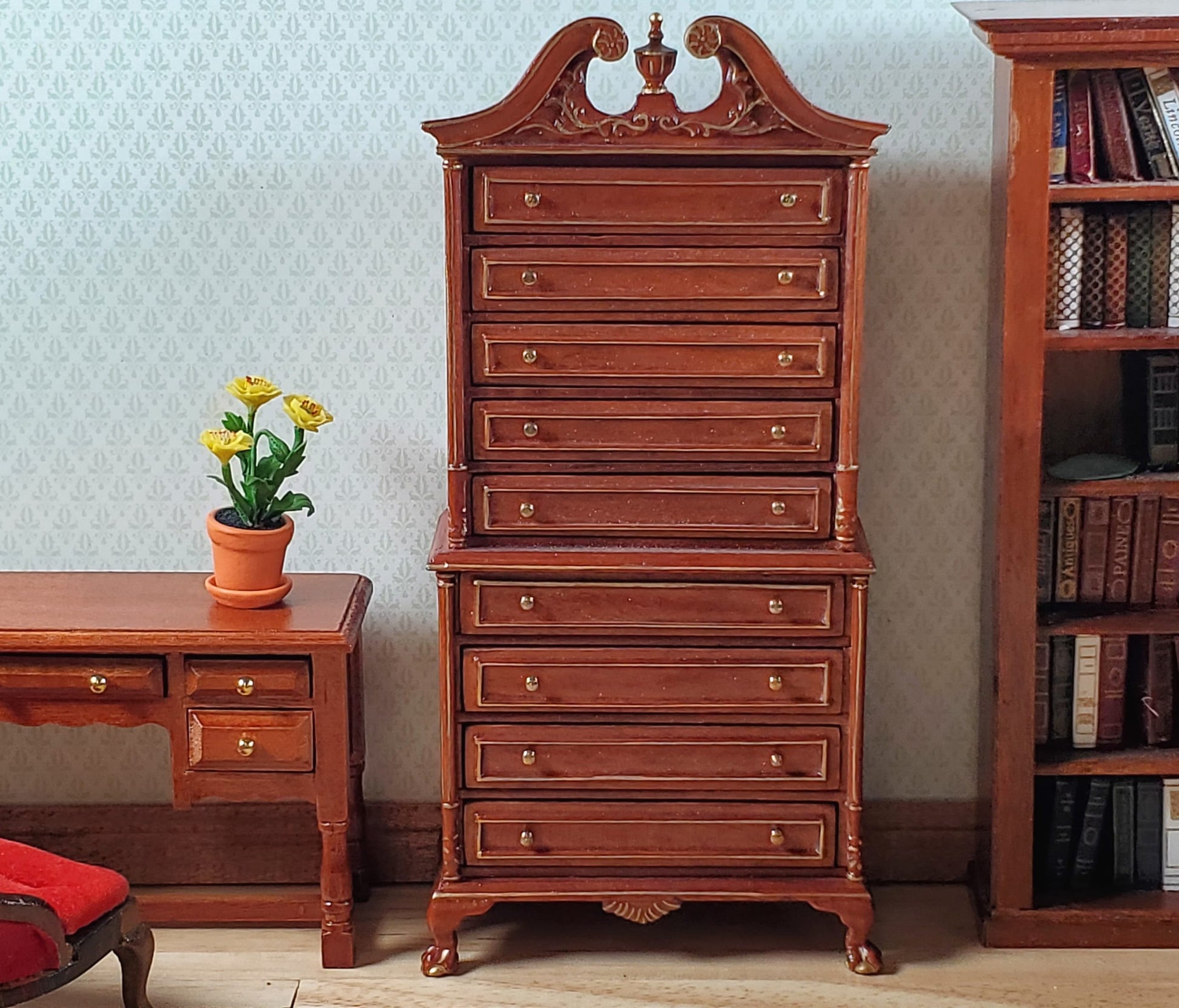 Dollhouse High Boy Dresser Walnut Finish 1:12 Scale Hansson Miniature Furniture