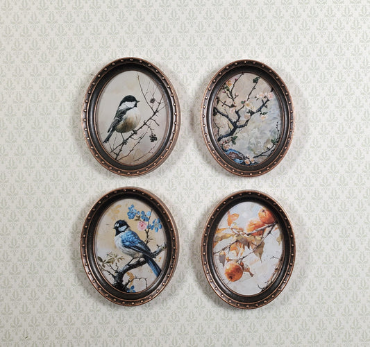 Miniature Framed Prints x4 Chickadee Branches Oval Frames 1:12 Scale Metal Frame