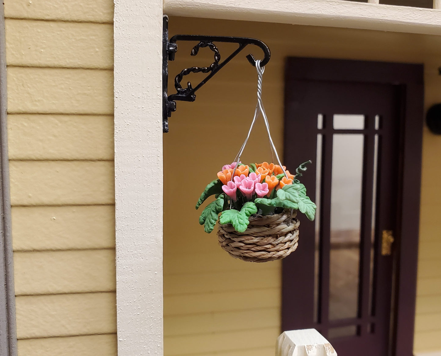 Dollhouse Orange & Pink Flowers in Hanging Basket 1:12 Scale Miniature Garden