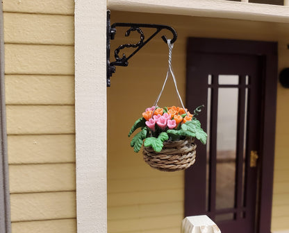 Dollhouse Orange & Pink Flowers in Hanging Basket 1:12 Scale Miniature Garden