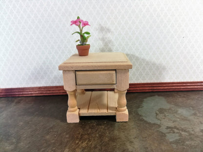 Dollhouse Miniature Side Table or Night Stand with Drawer Unpainted Wood Tudor Style 1:12 Scale Wood