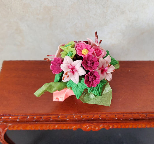 Dollhouse Miniature Magenta Floral Arrangement in Pink Wrapper 1:12 Scale