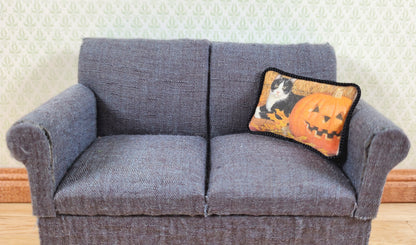Dollhouse Halloween Cat with Pumpkin Pillow Handmade 1:12 Scale Miniature