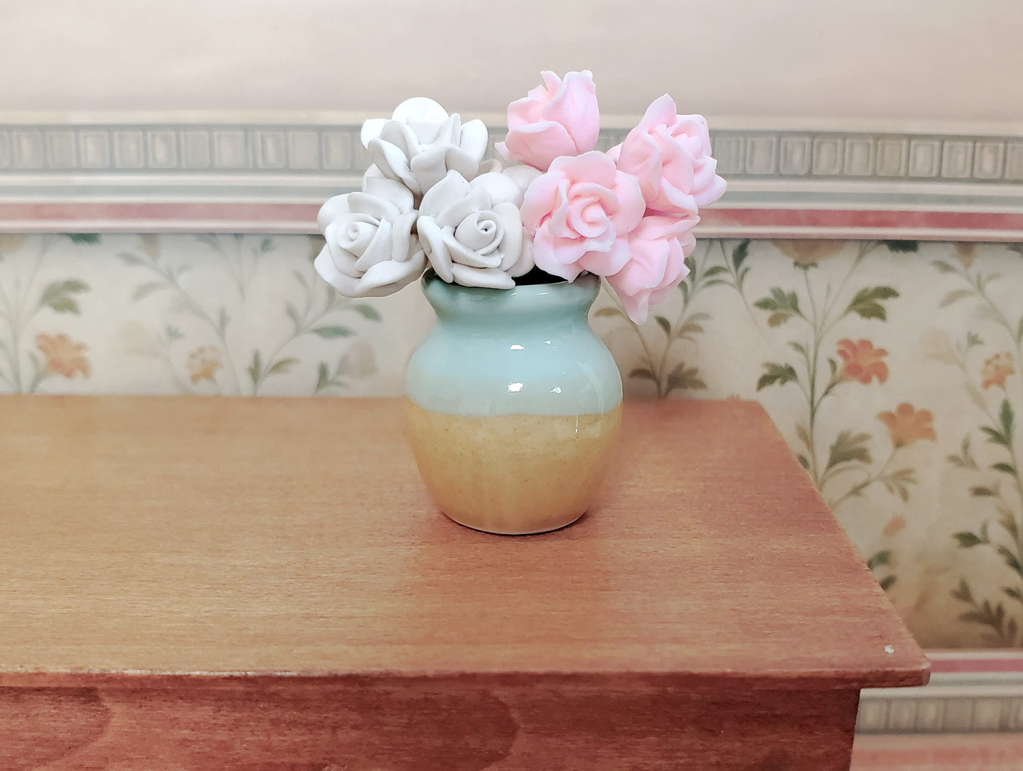 Dollhouse Two Toned Ceramic Vase Sea Green & Tan 1:12 Scale Miniature