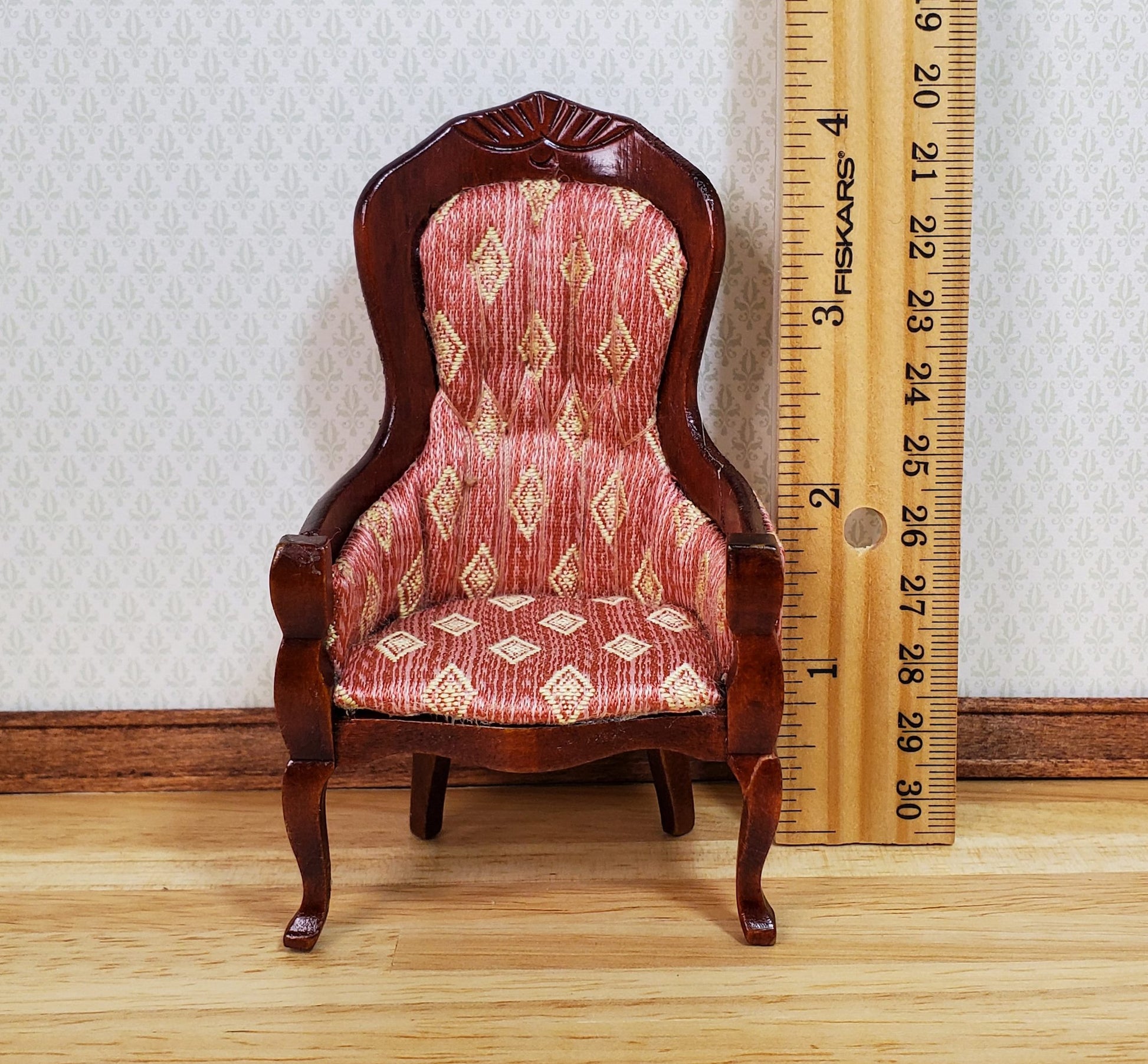 Dollhouse Victorian Gentleman's Chair Dark Pink 1:12 Scale Miniature Furniture