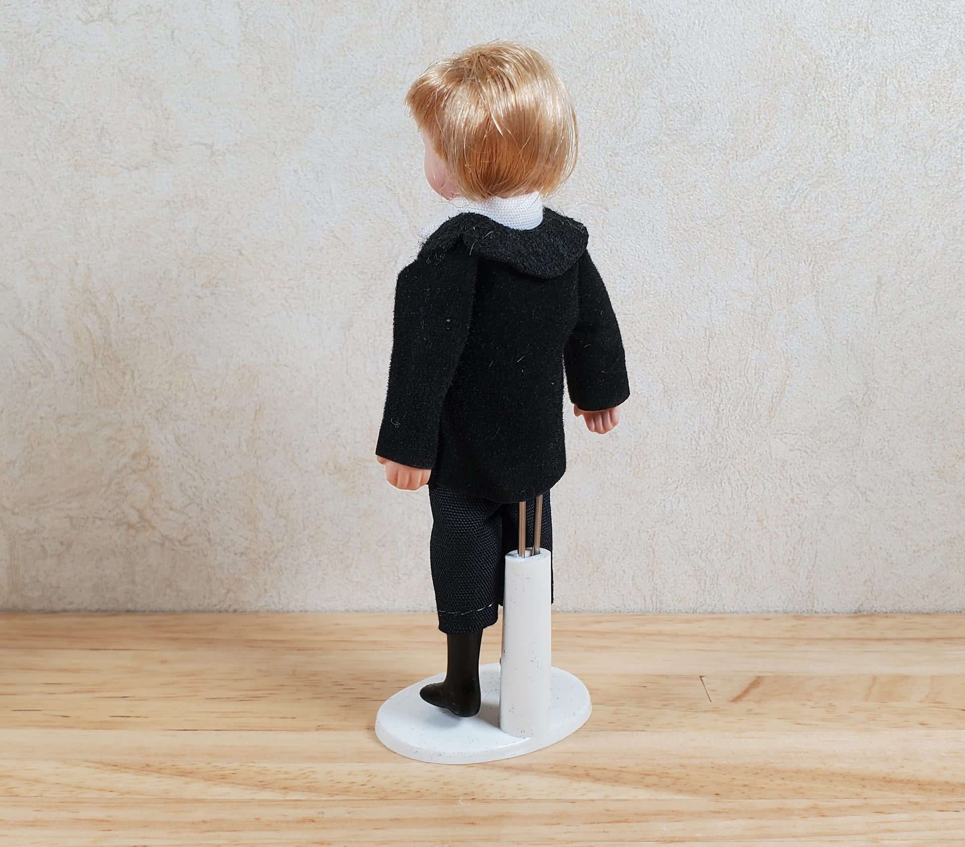 Dollhouse Boy in Black Suit & Tie Son Doll Porcelain Semi-Poseable 1:12 Scale
