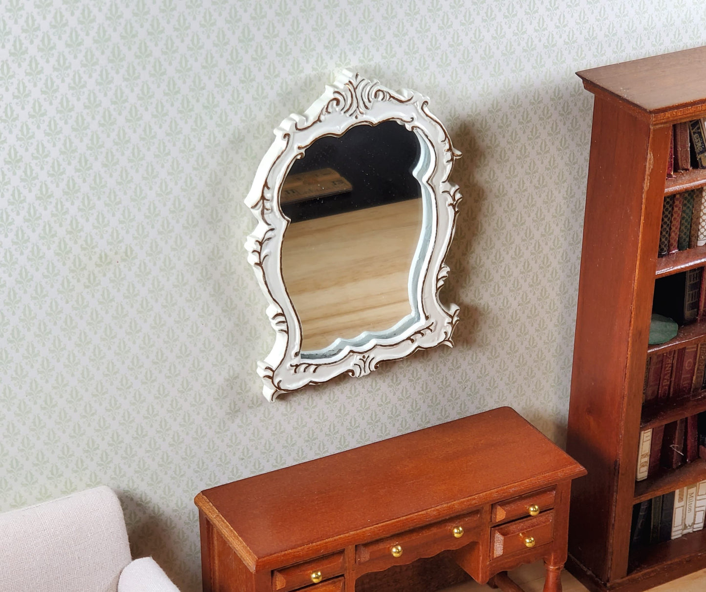 Dollhouse Mirror Cream with Gold Accents 1:12 Scale Miniature Decor