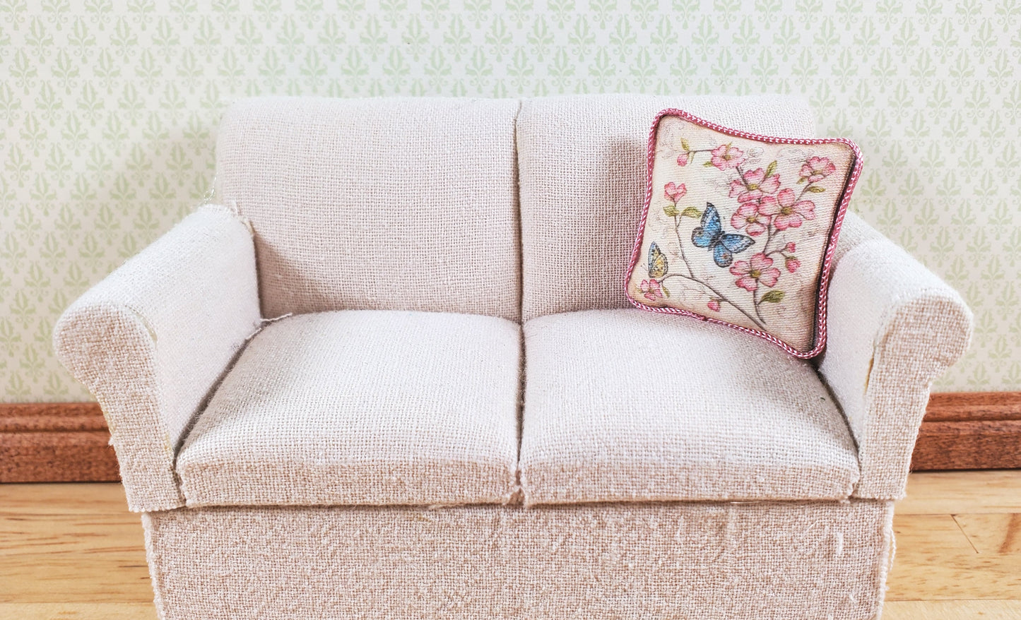 Dollhouse Blue Butterfly Pillow Lavender Trim Handmade 1:12 Scale Miniature