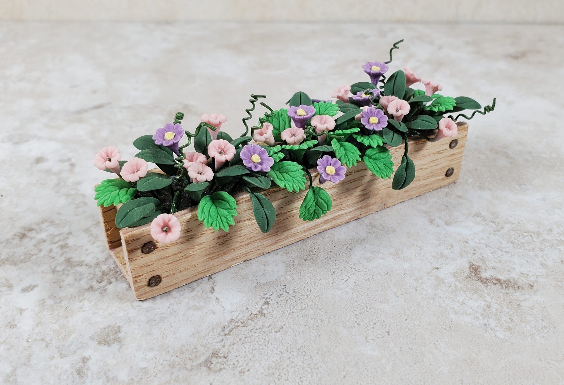 Dollhouse Pink & Purple Trumpet Flowers in a Wood Planter 1:12 Scale Miniature