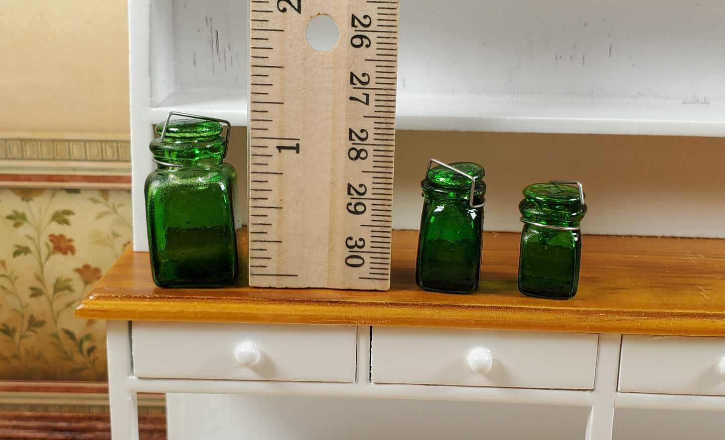 Dollhouse Extra Large Square Glass Canning Jars Set of 3 Green 1:12 Scale