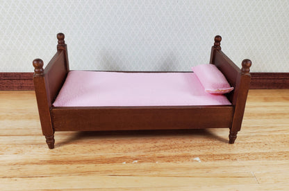 Dollhouse Single Bed Wood with a Walnut Finish Pink Sheets 1:12 Scale Miniature