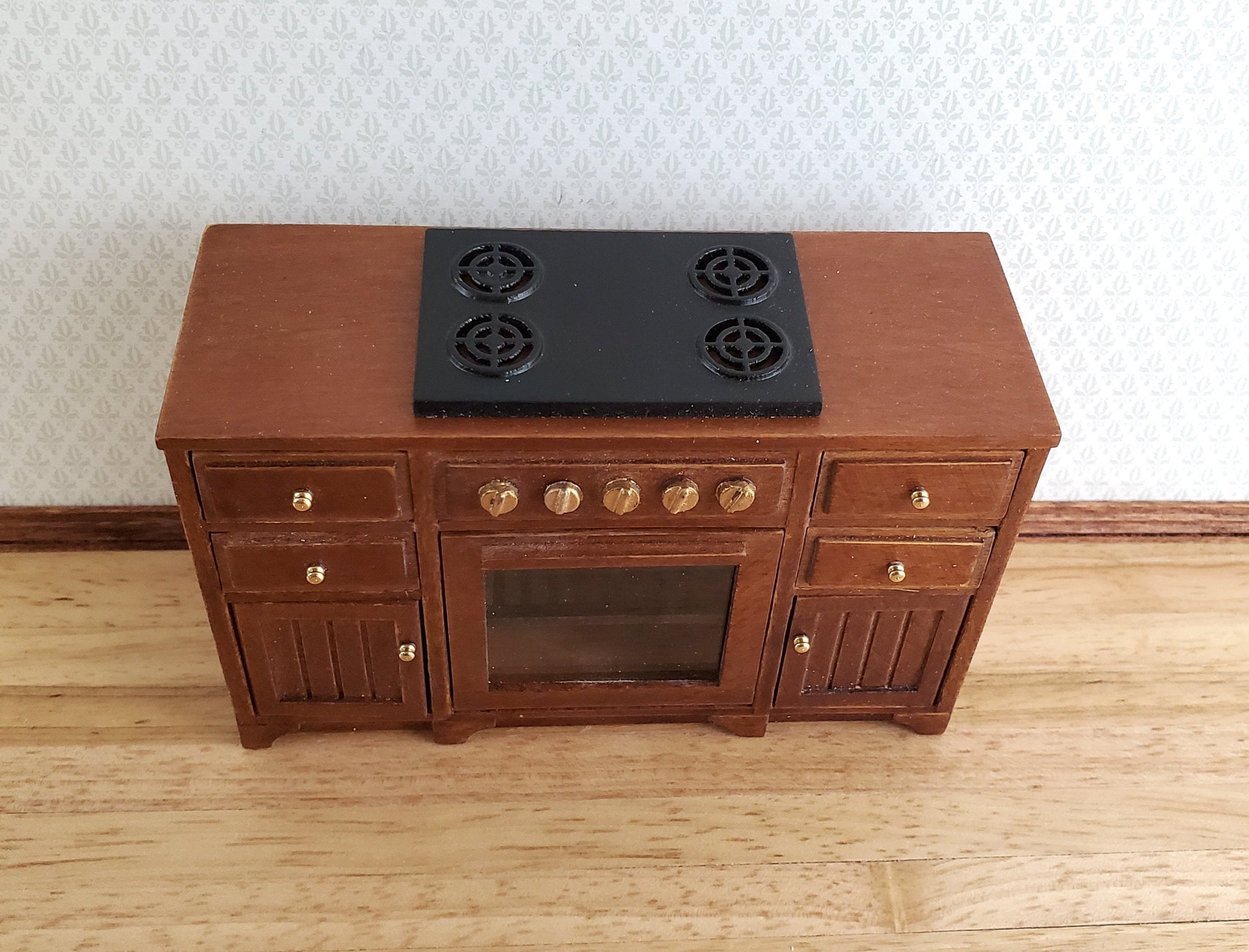 JBM Dollhouse Miniature Kitchen Stove Oven Cabinet Walnut 1:12 Scale Cupboard
