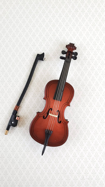 Dollhouse Miniature Cello and Bow Wood 4 1/2" 1:12 Scale Instrument