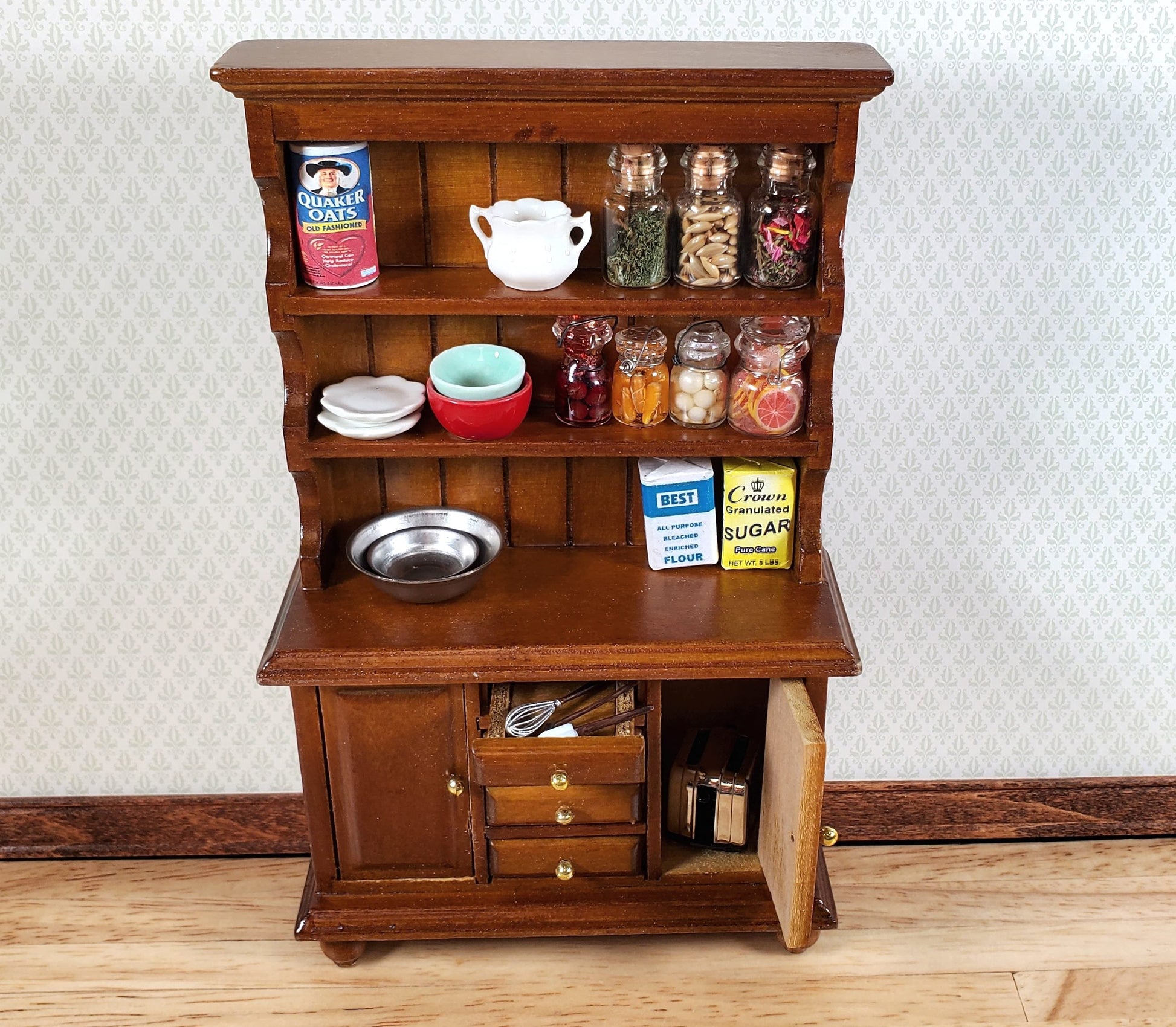 Dollhouse Welsh Kitchen Cabinet Cupboard Walnut Finish 1:12 Scale Miniature