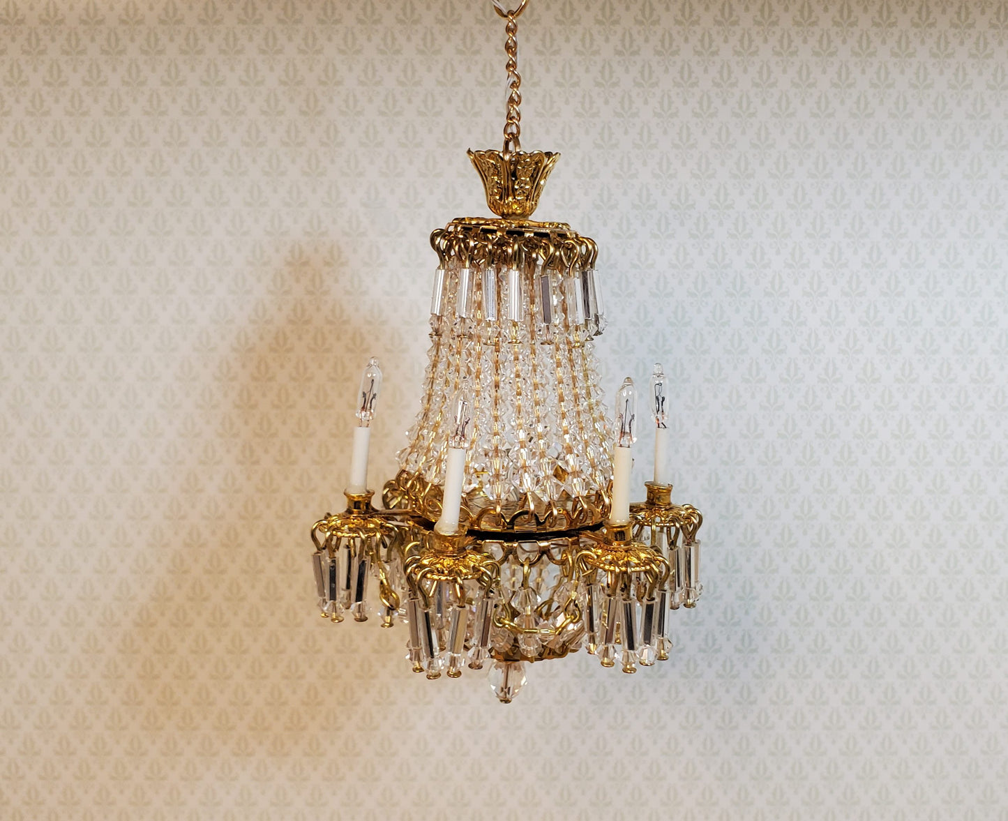 Dollhouse Fancy 6 Arm Grand Chandelier Real Glass Crystals 12 Volt 1:12 Scale